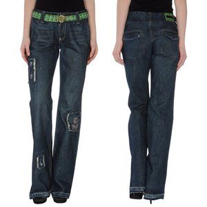 ERMANNO SCERVINO DENIM PANTS WITH CONTRASTING LEATHER APPLICATIONS